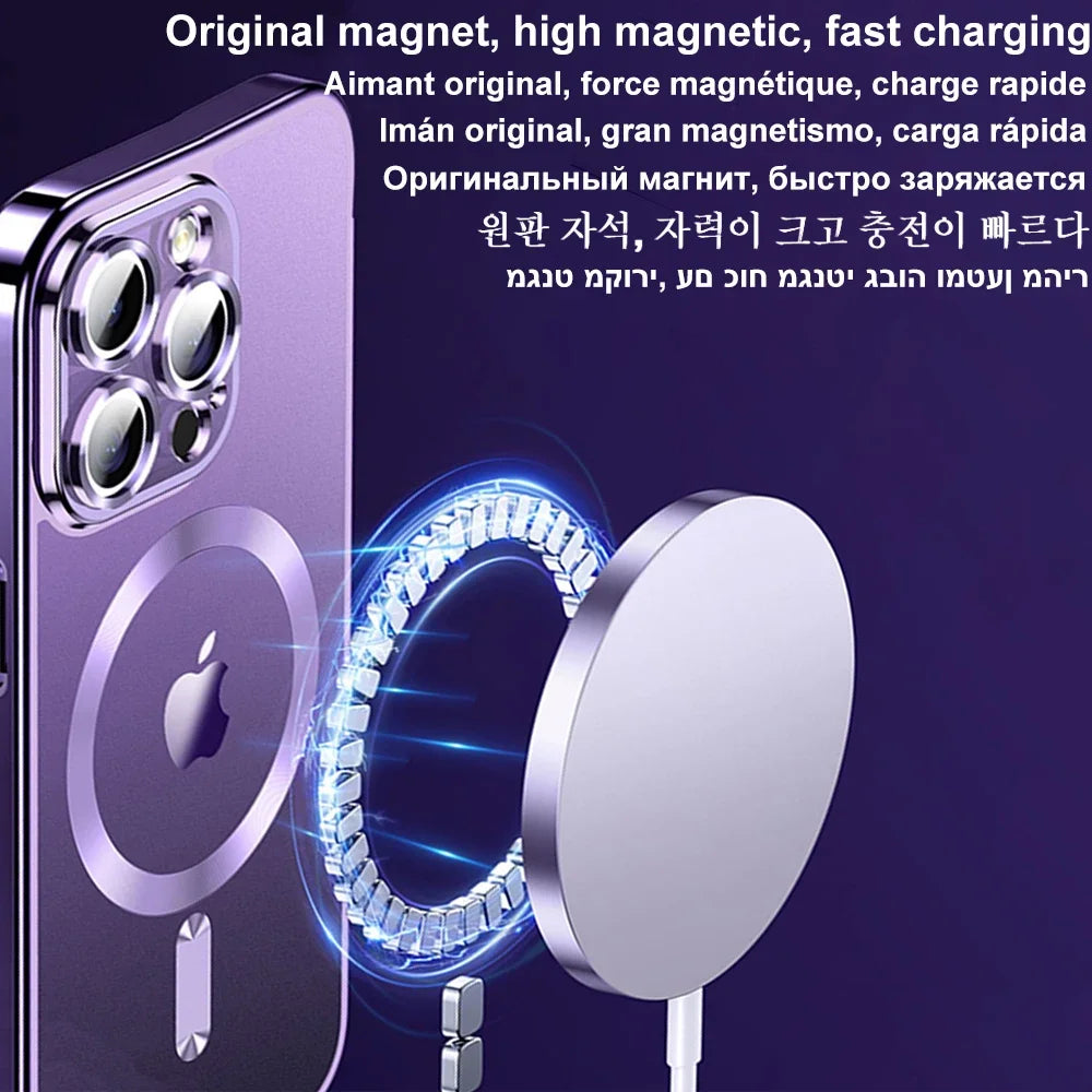Magnetic Plating Case For iPhone 15 16 14 17 13 12 18 Pro Max Air Camera Lens Protector Glass For Magsafe Wireless Charger Cover