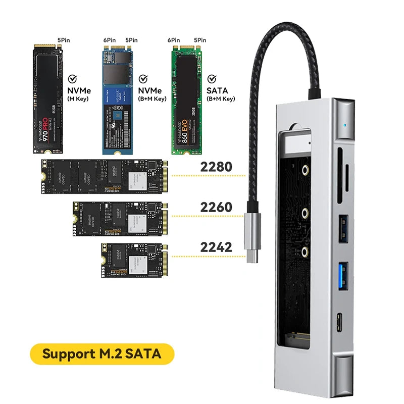 8-in-1 USB 3.2 Hub With Disk Storage Function M.2 SATA NVME SSD Type C to HDMI-Compatible Splitter SD/TF Reader For Macbook Pro