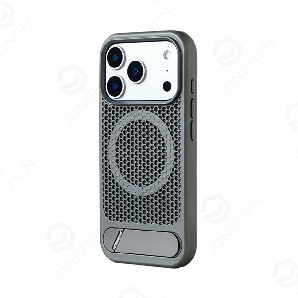 Heat Dissipation Stand Magnetic Shockproof Bumper Case For iPhone 17 Pro Max Air 18 16 15 14 13 12 Breathable Cover For Magsafe