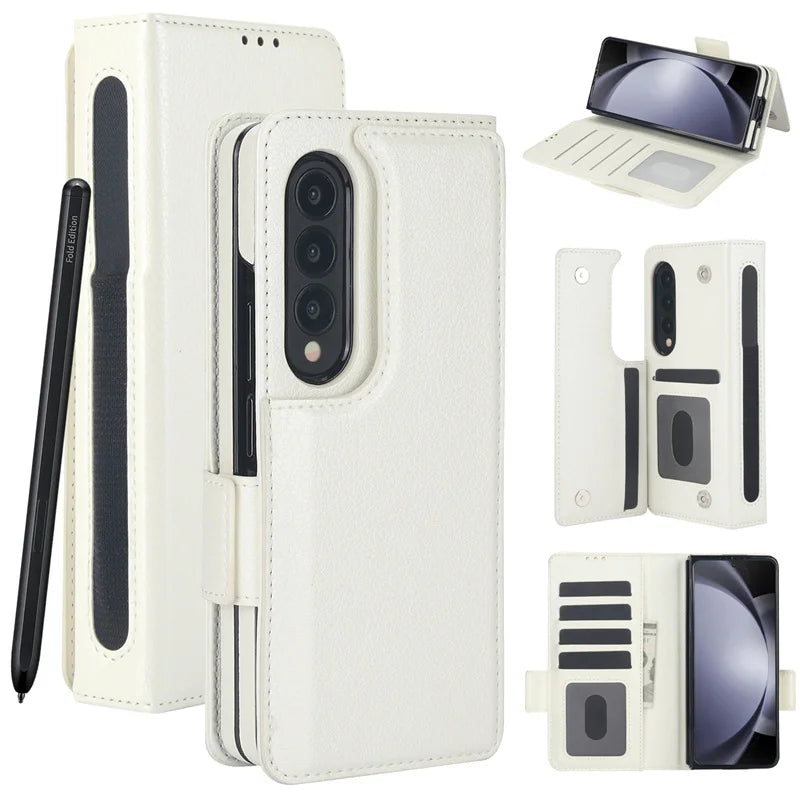 For Samsung Galaxy Z Fold 7 6 Leather Foldable Card Insert Pen Slot Phone Case For Z Fold5 Z Fold 3 4 Flip MultiFunctional Stand