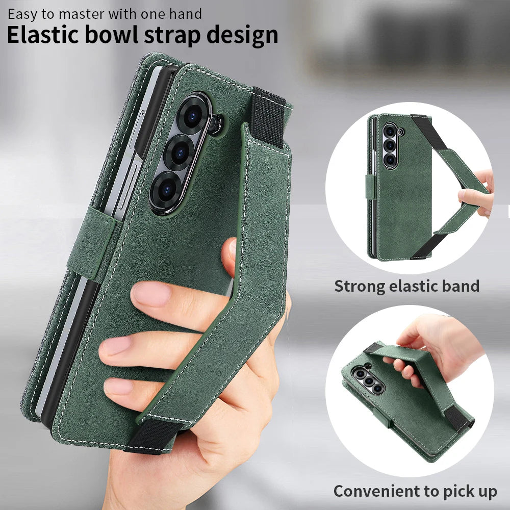 PU Leather Flip Wallet Phone Case for Galaxy Z Fold 8 Ultra Z Fold 8/7/6/5 with RFID Blocking, Adjustable Wristband Kickstand