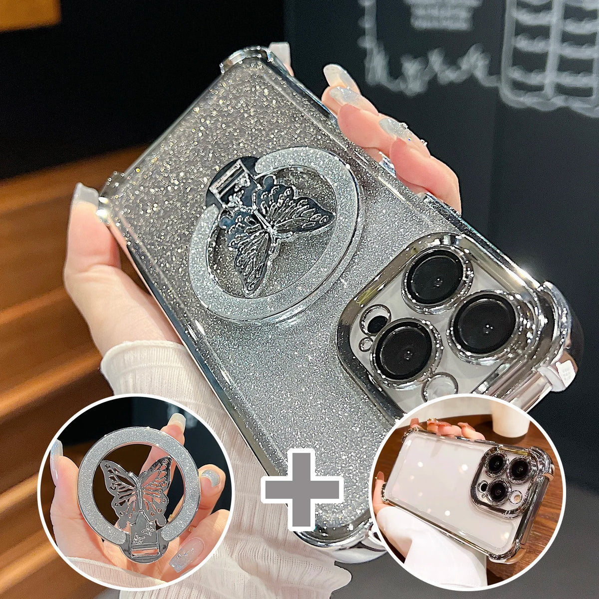 Luxury Butterfly Glitter Holder With Lens Film Phone Case For iPhone 11 12 13 14 15 16 17 Pro Max Plus Four Corner Anti Fall