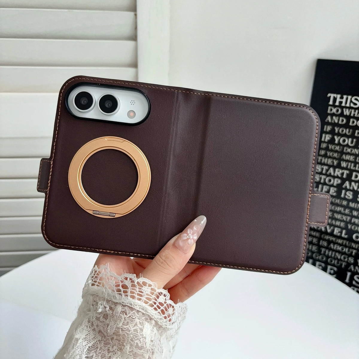 Invisible Support Bracket Card Holder Bag Phone Case For iPhone Duo 18 Fold 360 Degree Rotating Bracket Leather Wallet Cover