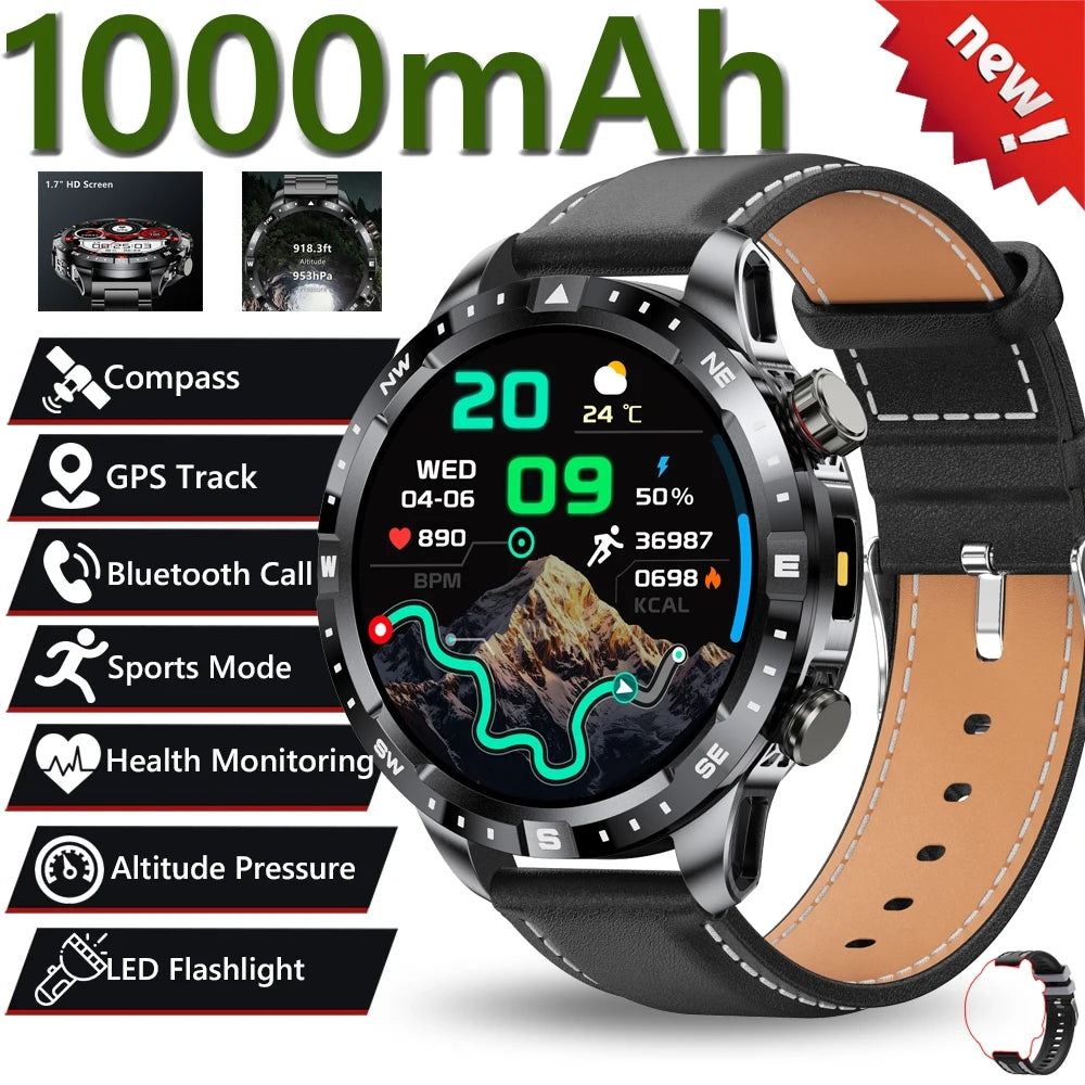 2026 New Military 1000mAh Battery Smart Watch 1.7-inch HD Large Screen LED Flashlight Sport Mode Bluetooth Call Smartwatch Men