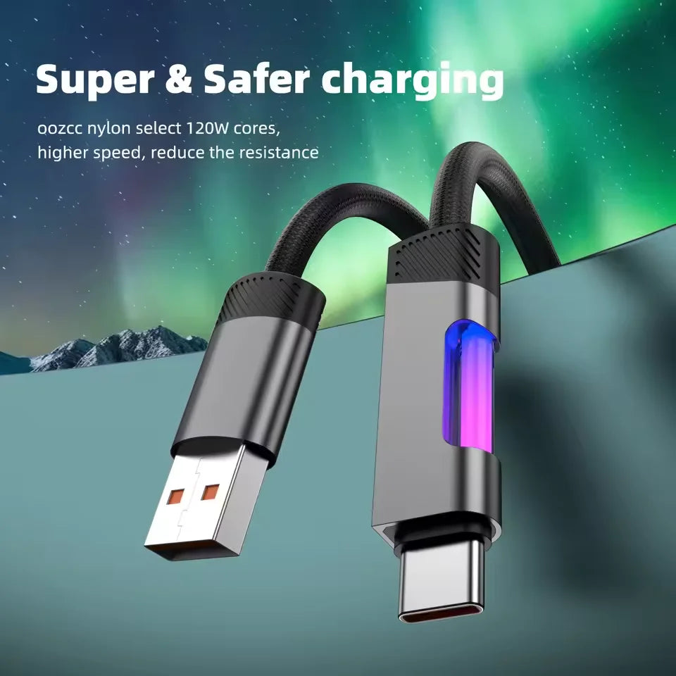 100W RGB Fast Charging Cable 5A USB Type C Charge Cord With RGB Ambient Light Data Cable Wire For iPhone Huawei Xiaomi Samsung