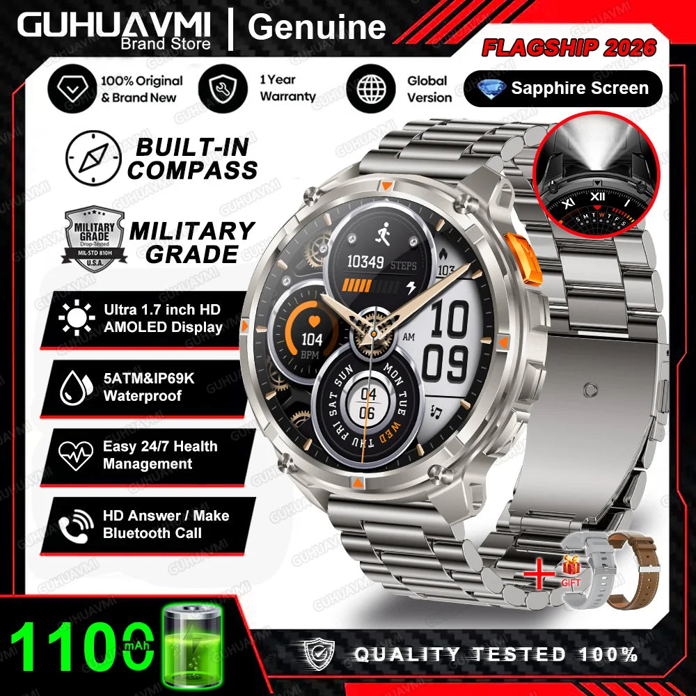 2026 New 1100mah AMOLED Smart Watch Men 170+Sport Fitness LED Flashlight IP69 Waterproof Bluetooth call GPS track Smartwatch iOS