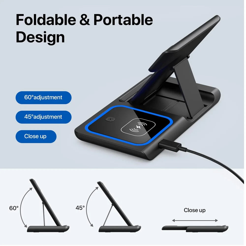 15W 3 in 1 LED Fast Wireless Charger Stand Foldable Charging Station For IPhone17-11 Apple Watch 9 8 7 6 5 Airpods Pro