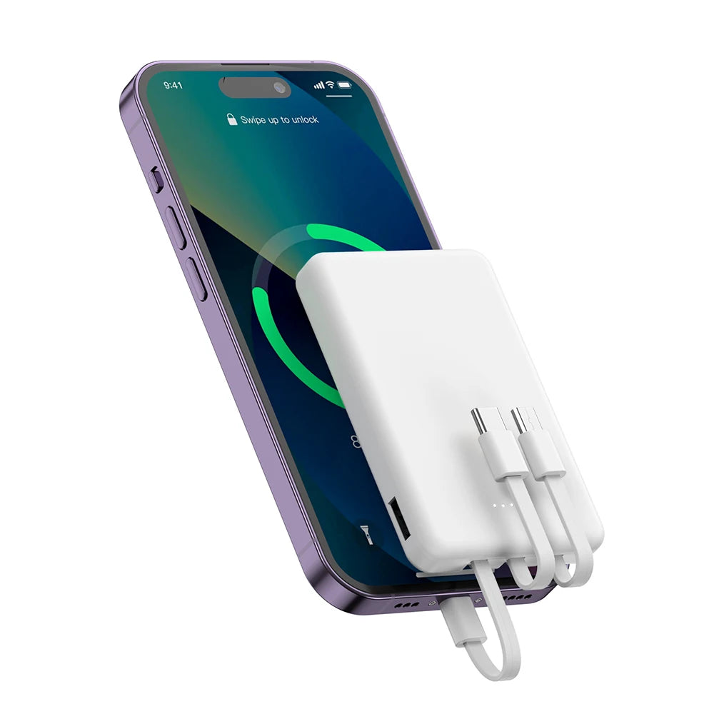 Mini 5000mAh Portable Power Bank With Built-in LED Digital Display, 1 USB-A Port and 3 Integrated Charging Cords, Ultra Compact External Battery Pack, Support Multiple Devices Simultaneous Charging Compatible With Android Sm
