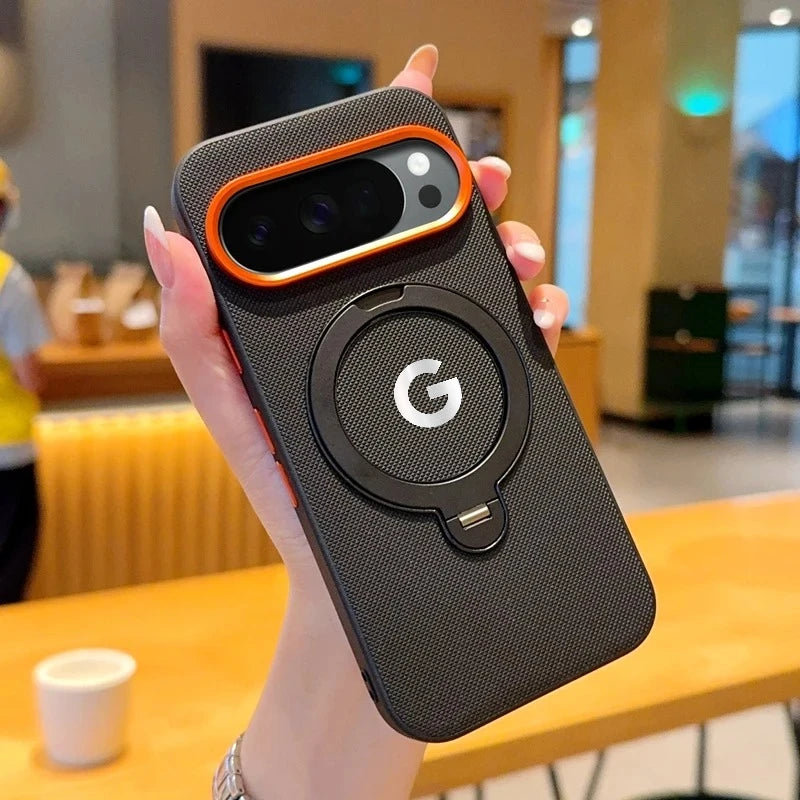 Busines Texture Woven Leather Magnetic Rotable Bracket Case For Google Pixel 10 Pro 10 Pro XL Alloy Button Lens Frame Back Cover
