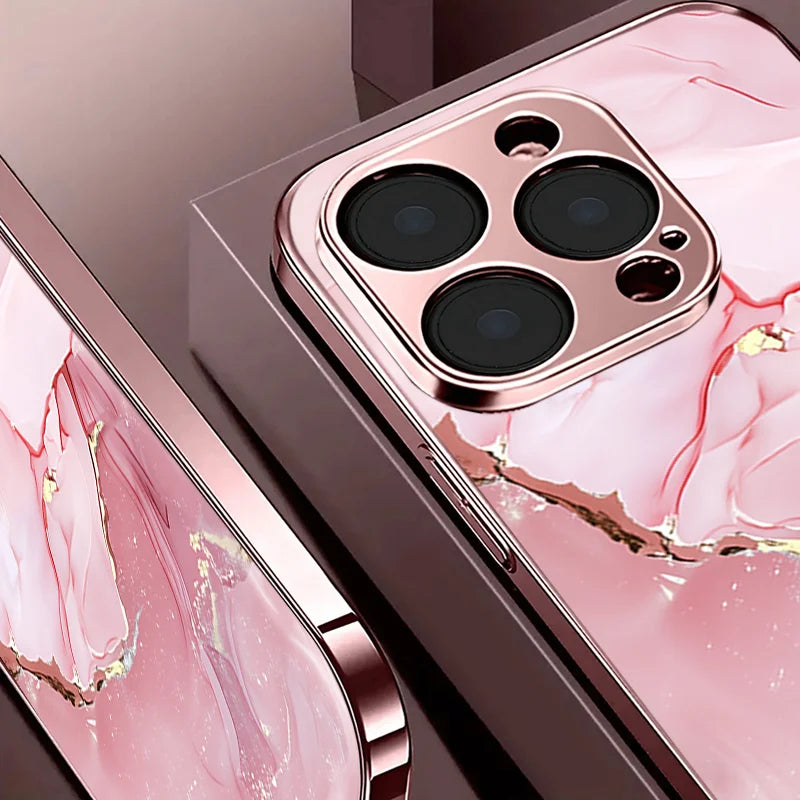 Pink Gold Foil Marble Pattern Tempered Glass Phone Case for iPhone 16 17 Pro Max 15 14 Plus 13 12 11 Pro Max 16E 17 Air Cover