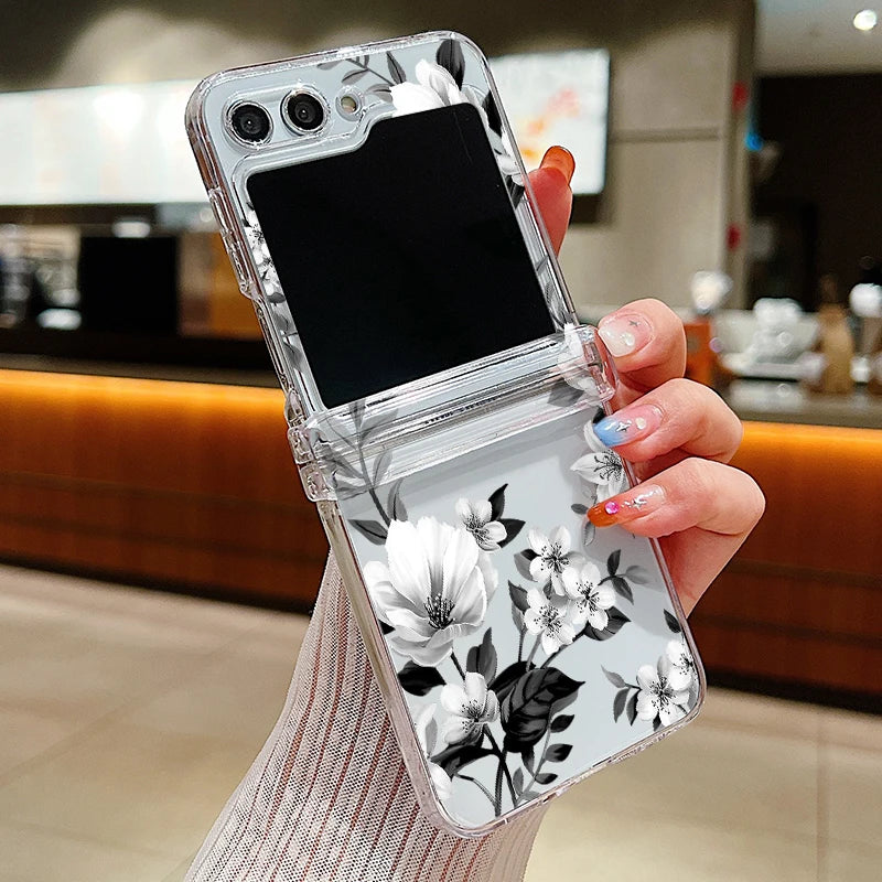 Flowers Pattern Clear Case For Samsung Galaxy Z Flip 8 7 FE 6 5 4 3 5G Folding Hard Phone Cover For Samsung Z Flip8 Flip6 Flip7