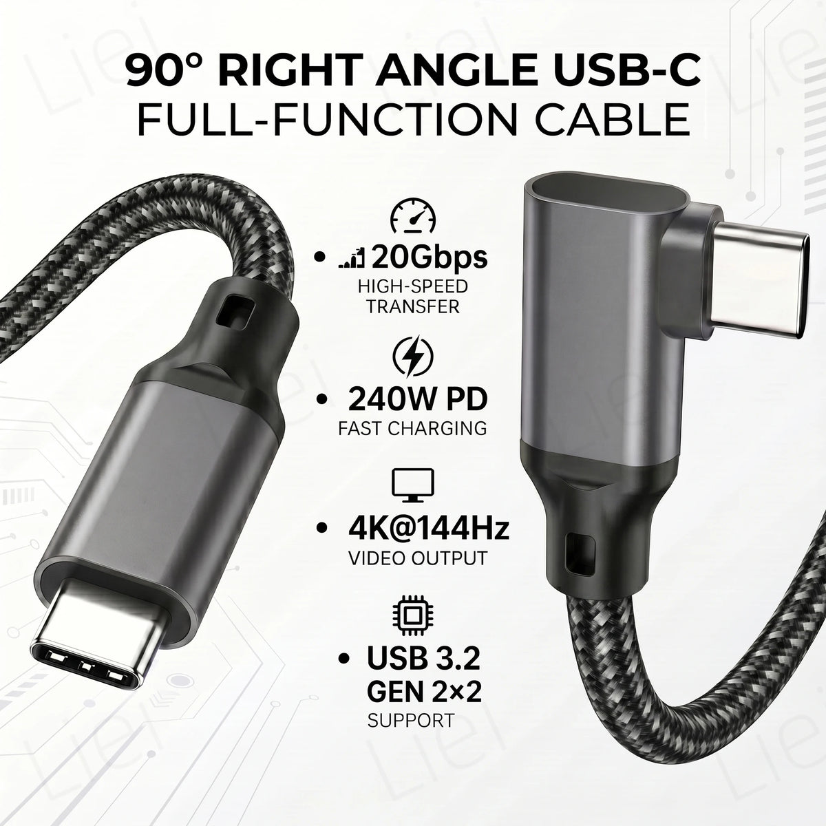 20Gbps 5K/4K Monitor Display Cable L-shaped USB Type C Data Cable Right Angle 90° USB3.2 Gen2x2 Data Transfer 240W PD Charging