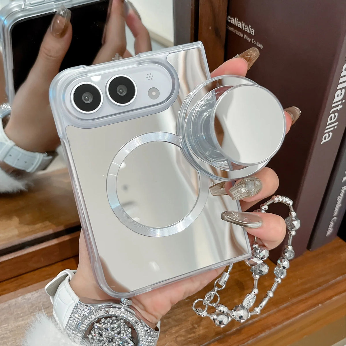 Mirror Kickstand Crystal Beaded Wrist Strap Magnetic Phone Case for IPhone DUO 18 Fold Shockproof Anti Scratch Protect Cover
