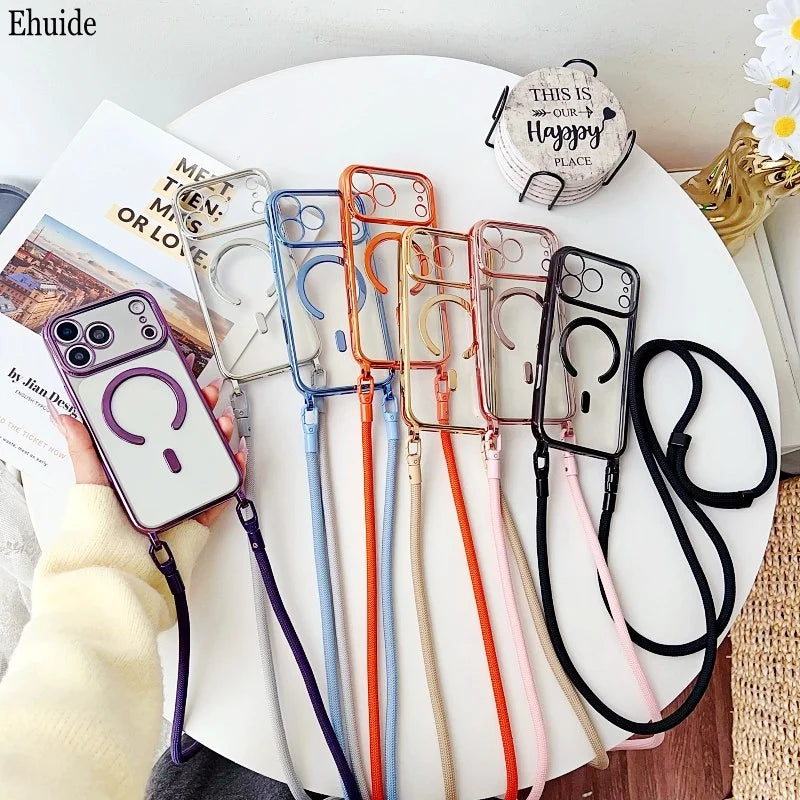 Magnetic Lanyard Case For iPhone 17 Pro Max 14 13 15 16 Plus 17P Original Shockproof Crossbody Neck Cord Strap Soft Clear Cover