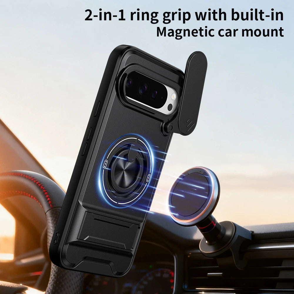 KEYSION Magnetic Phone Case for Google Pixel 9 10 Pro XL 8 7 Pro Slide Camera Protection Upright Stand 360°Ring Shockproof Cover