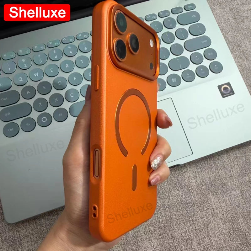 For IPhone17 Pro Max Leather Magnetic Phone Case Shelluxe For iPhone 17 Air 16 15 14 13 12 Pro Max Cases Lens Metal-Frame Cover