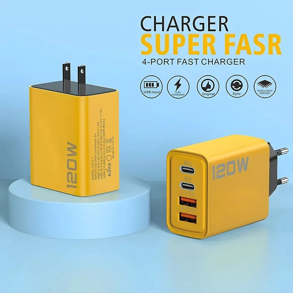 120W Total Fast Charging PD USB Type-C Wall Adapter Quick Charger for iPhone 16/15/14 Xiaomi Huawei Redmi Oneplus Phone Charger