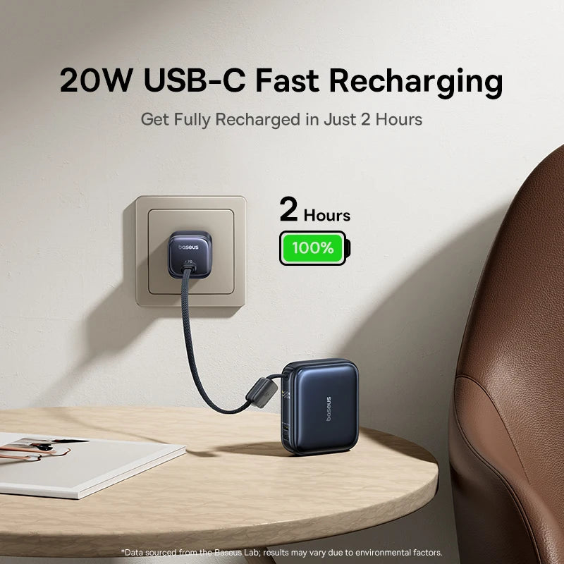 Baseus 45W Mini Power Bank 10000mAh Built-In USB-C Cable Pocket-Sized Smaller Fast Charge Portable For iPhone 18 17 Samsung S26