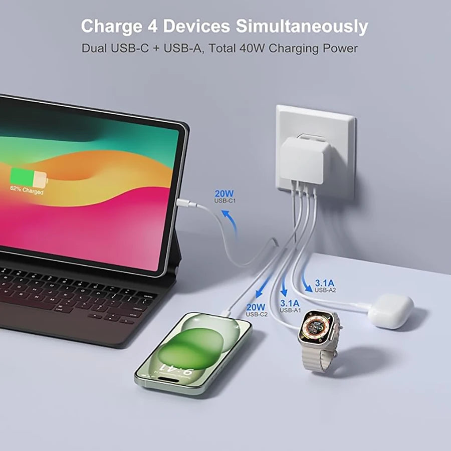 1pc USB C Charger, 40W 4 Port USBC Plug Fast Charger Multi AC Dual Port PD+QC Type C Adapter for Phone, iPad, Samsung Galaxy