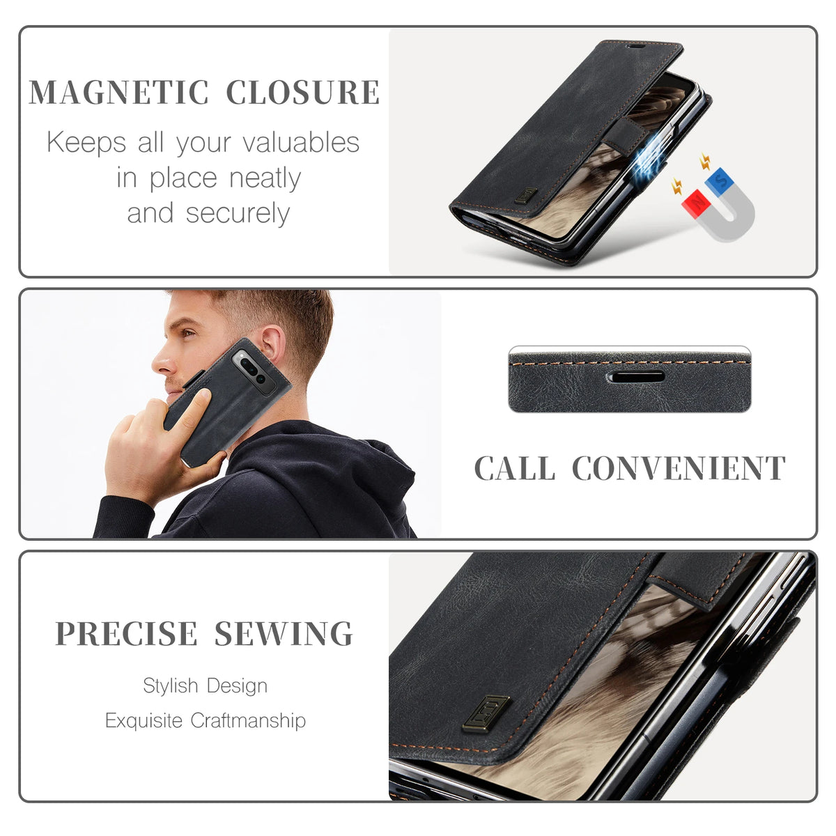 AUTSPACE Skin Feel Retro Leather Wallet Case for Google Pixel Fold Card Slots Holder Magnetic Clasp Folding Protective Case