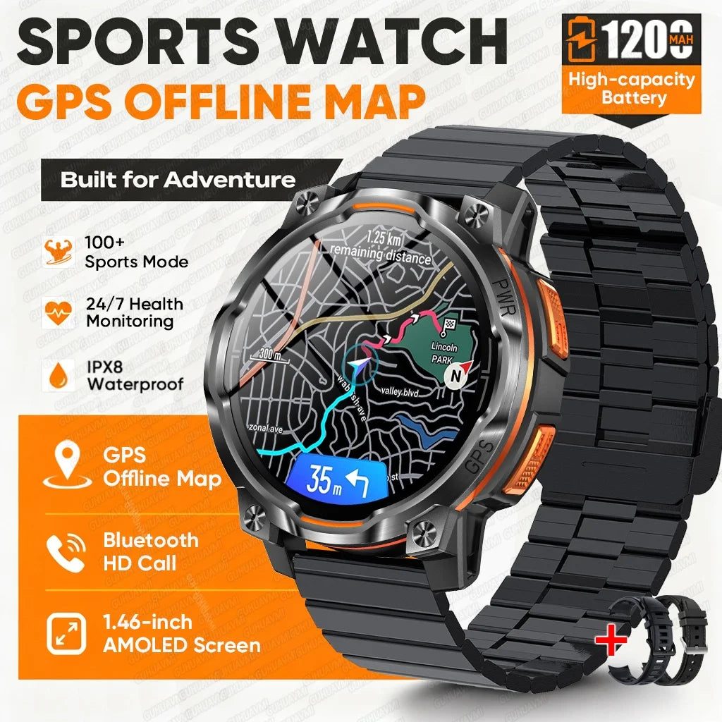 1200mAh Massive Power Outdoor GPS Smart Watch Offline Map 1.43“ HD Screen IPX8 Waterproof Compass Military 107+Sports Watch Men