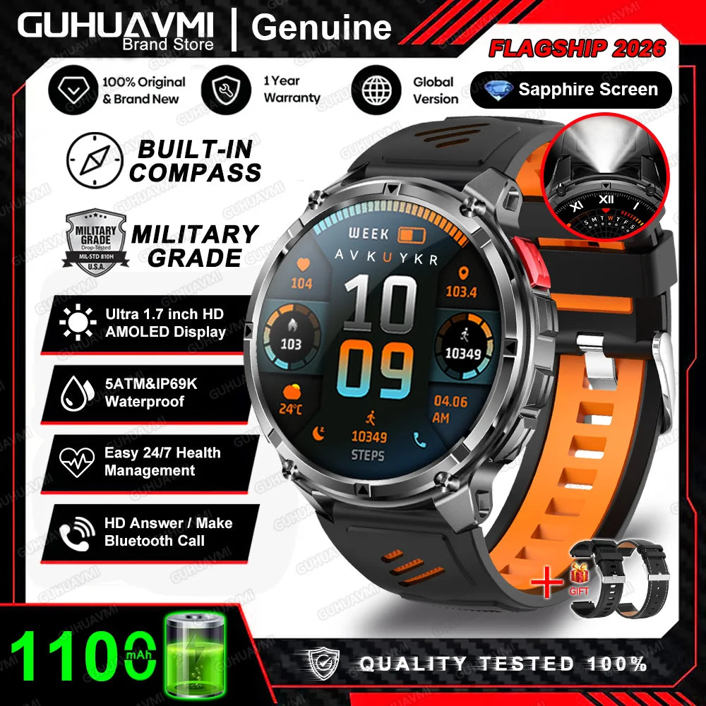 2026 New 1100mah AMOLED Smart Watch Men 170+Sport Fitness LED Flashlight IP69 Waterproof Bluetooth call GPS track Smartwatch iOS
