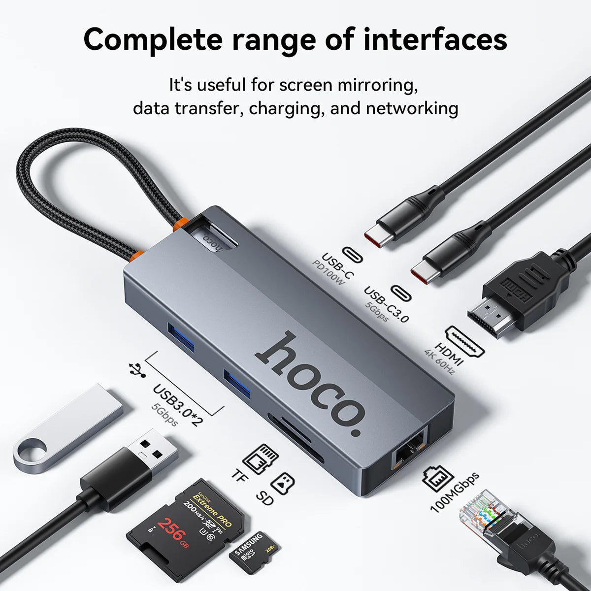 HOCO 8-in-1 USB C to HDMI-compatible RJ45 HUB 4K 60Hz PD100W USB Splitter Adapter For Macbook Air SD TF Multi Converter Office