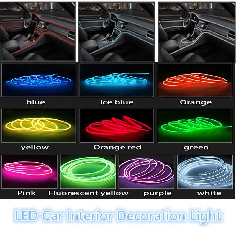 HQ 12V Universal LED Car Ambient Lamp Car Interior Decoration Light Cold Light Strips Waterproof Dashboard Console Lamp1/3/5M