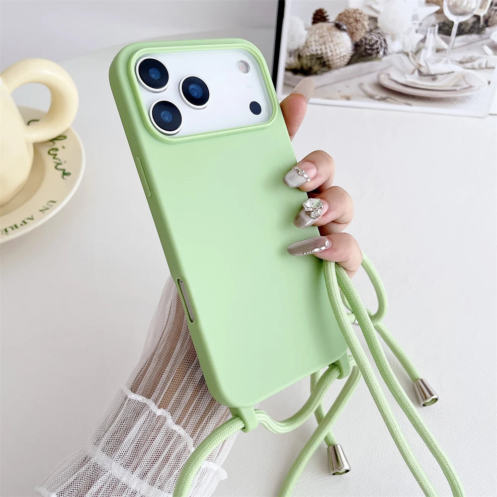 Crossbody Lanyard Cord Liquid Silicone Soft Phone Case for Apple IPhone 17 Air 16 15 14 Plus 13 Pro Max Matte Strap Candy Cover