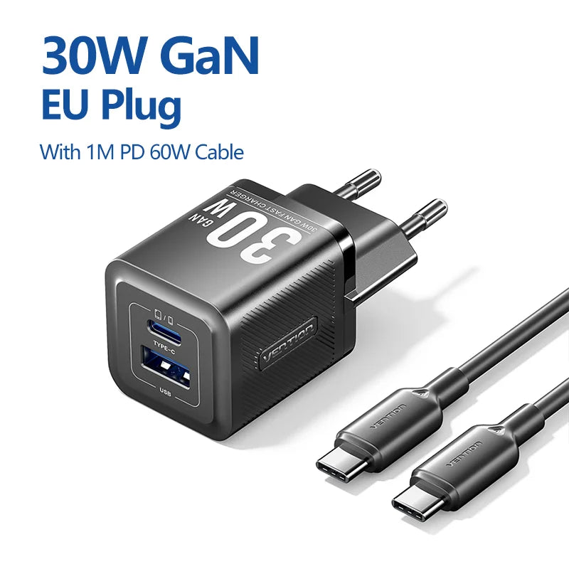 Vention GaN 30W Fast Charger for iPhone 17 16 15 14 13 PD3.0 Charger for iPad Pro Xiaomi Samsung USB Type C Mobile Phone Charger