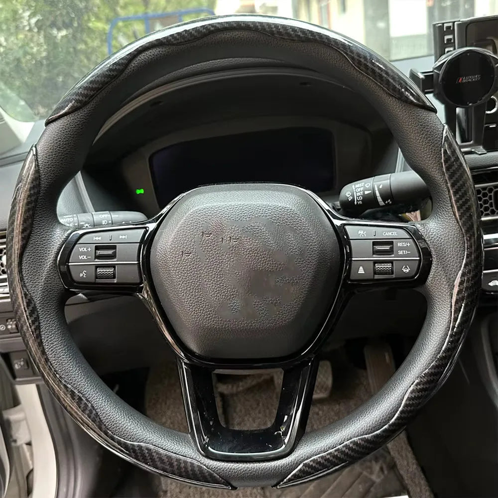 3PCS Laser Carbon Fiber Silicone Car Steering Wheel Cover 1K Micro Fiber Leather PVC Wheel Booster Cover Non-Slip Universal
