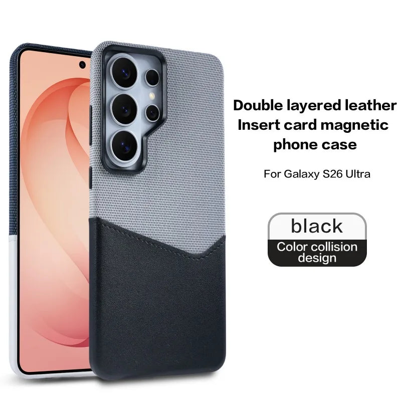 Card Slot Holder Linen Leather MagSafe Phone Case For Samsung S26Ultra S25Ultra S24U Magnetic Wireless Charging Shockproof Cover