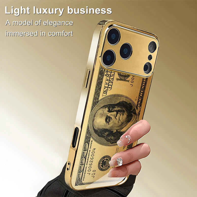Personalized Banknotes Pattern Gold Metallic Paint Glass Phone Case For iPhone 17 Pro Max 11 12 13 14 15 16 Plus 17Air 16E Cover
