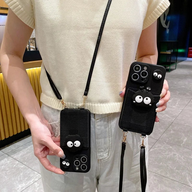 Funny 3D Crossbody Cover Black Coal Ball Card Bag Lanyard Phone Case For iPhone 17 Pro max 16 15 14 Plus 13 12 11 Pro Max Xs XR