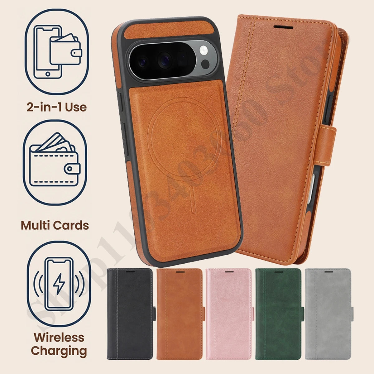 2 In 1 Leather Flip Case For Google Pixel 9 9pro 9A 10 10pro Pro XL 10A Cash Card Slots Holder Wireless Charging Phone Cover