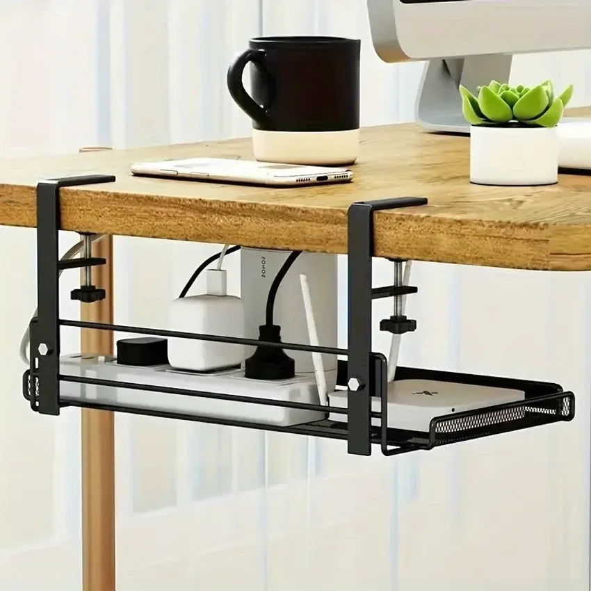 Under Desk Cable Management Tray with Storage Rack - Punch-Free, Suitable for Home Office Desktop Organization, Multi-Function