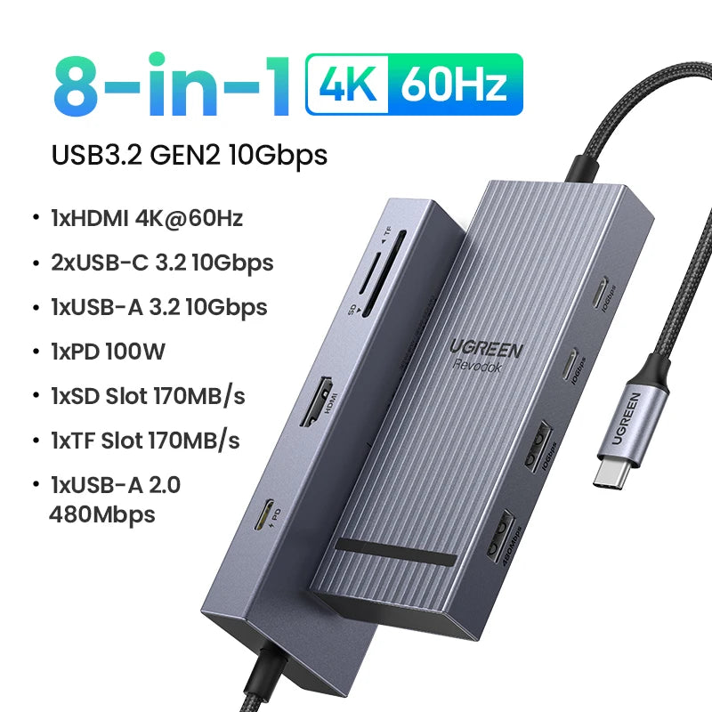 UGREEN USB HUB 8-in-1 Type-C to 4K60Hz HDMI USB-A&C 3.2 Gen 2 10Gbps PD100W SD/TF for MacBook Pro/Air iPad Pro XPS Thinkpad Dock