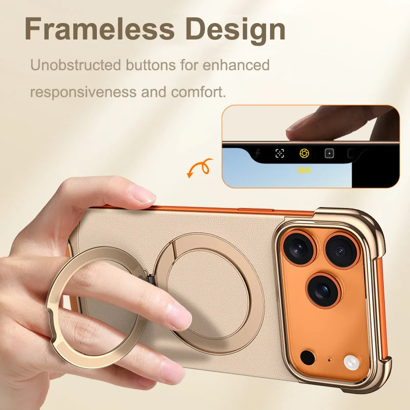 Luxury Leather Ultra Thin Frameless Magnetic Case For iPhone 17 16 15 14 13 Pro Max 17Air 17Pro Metal Bracket Anti-Drop Bumper
