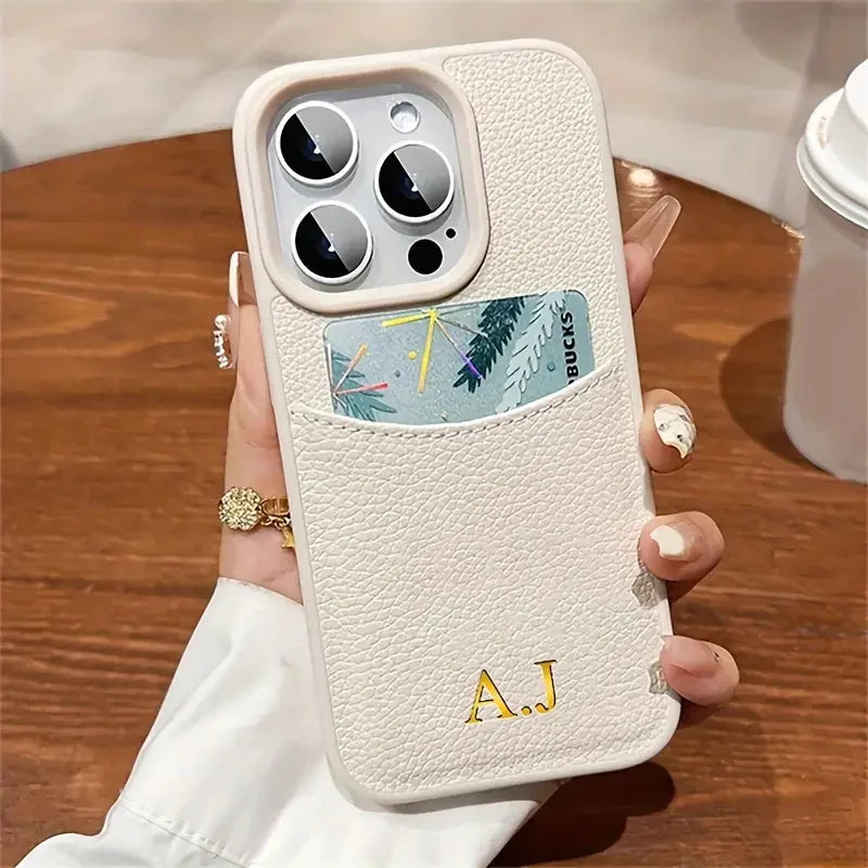 Personalized Customized Name Initial Case For iPhone 12 13 14 15 16 17 18 Pro Max Leather Card Slot Bag Lichee Pattern Cover