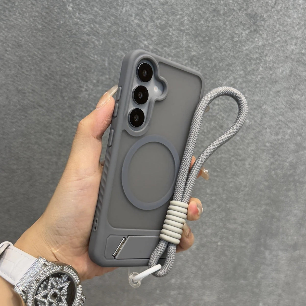Business Matte Translucent Invisible Bracket Magnetic Case for Samsung Galaxy S26 S25 S24 S23 Ultra Plus FE Wrist Strap Cover