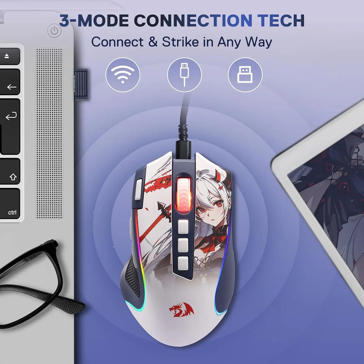 Redragon M612AK PRO RGB Gaming Mouse 8000 DPI Wired/Wireless Optical Mouse 9 Programmable Buttons 7 Backlit Modes