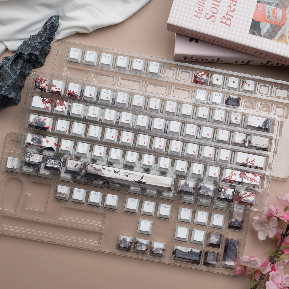 Plum Blossom Japanese RGB Backlit Keycaps 5 Sides Dye Sublimation PBT Keycaps Cherry Profile for MX Switches Gaming Keyboard