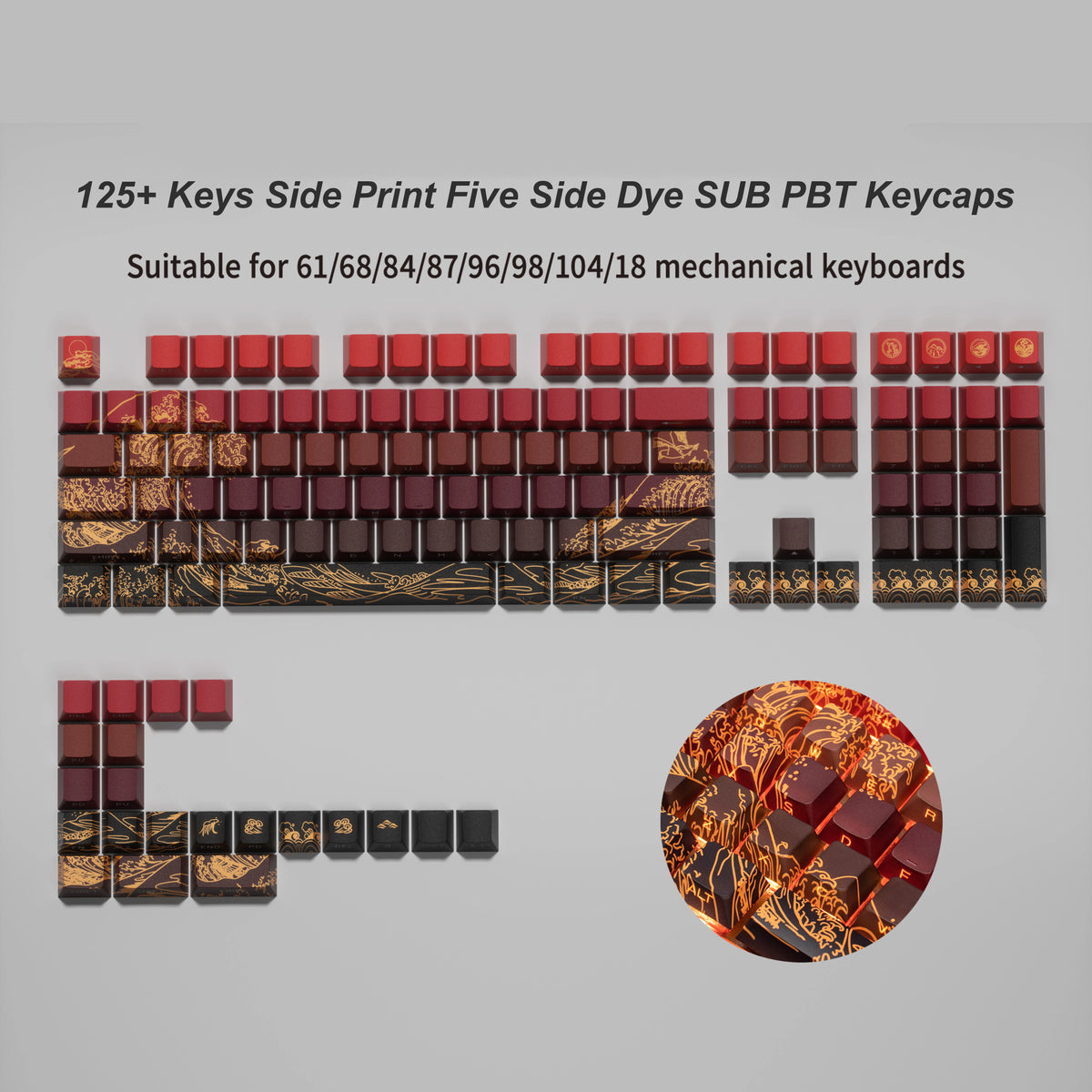 Kanagawa Themed Top/Side Printed RGB Backlit Keycaps 125 Keys Dye Sub PBT Keycaps Cherry Profile for Cherry MX Swtches Keyboard