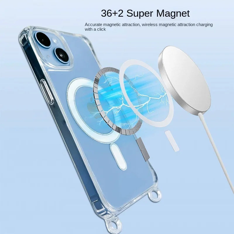 Crossbody Lanyard Clear Magnetic Case For iPhone 15 Pro 16 14 13 12 Pro Max For Magsafe Shockproof Acrylic Hard PC Back Cover