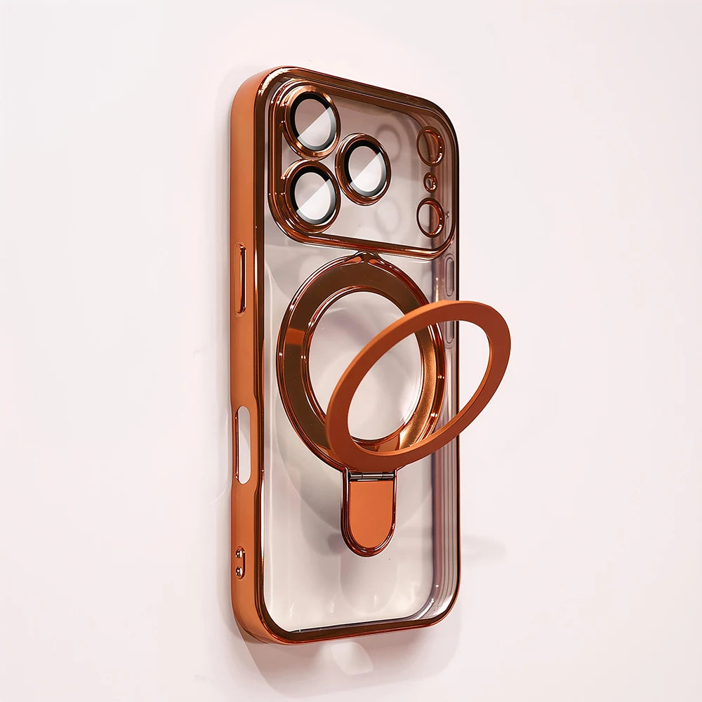 Luxury Plating Magnetic Bracket Phone Case For iPhone 17 16 15 14 13 Pro Max 17Pro Cases For Magsafe Stand Holder Clear Cover