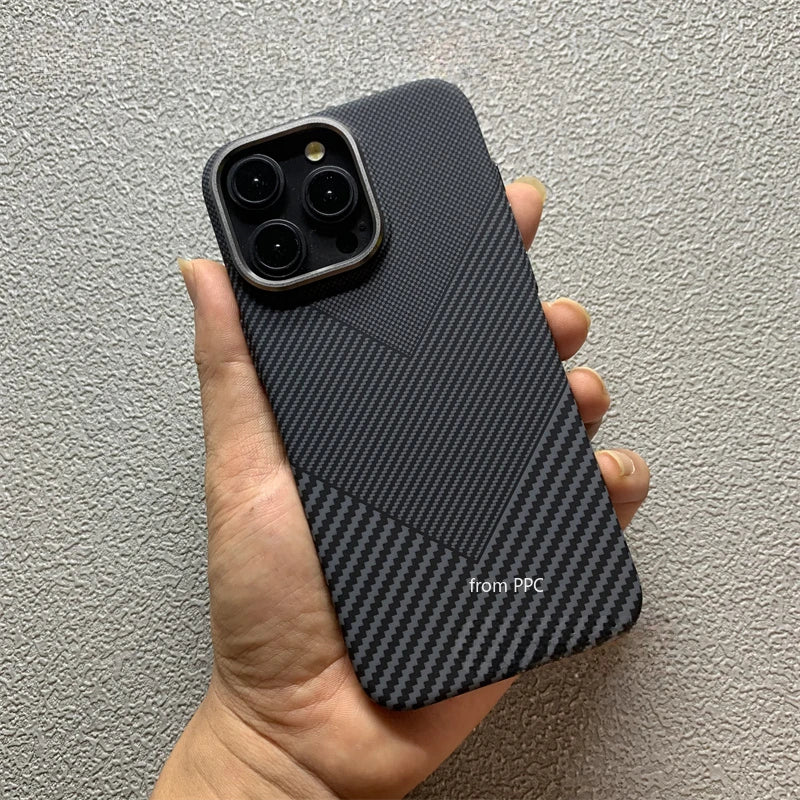 Geometric Relief Carbon Fiber Pattern Case for iPhone 16 17 Pro Max 15 Cover Magnetic Hard Charging Shell Alloy Camera Shields