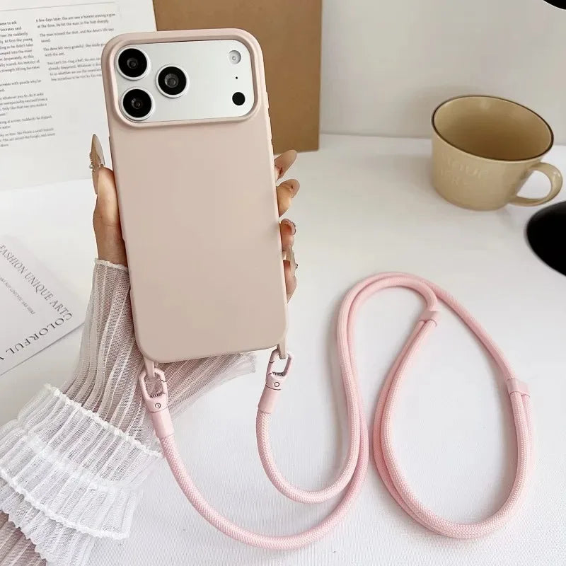 Original Silicone Lanyard Phone Case For iPhone 17 16 15 14 13 Pro Max 17Pro 16Pro Air Shockproof Crossbody Cord Strap Cover
