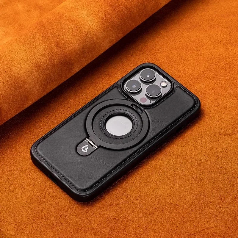 Luxury Leather Magnetic Ring Holder Case For iPhone 16 Pro Max 15 14 Plus 13 12 For Magsafe Hollow Logo Bracket Business Cover