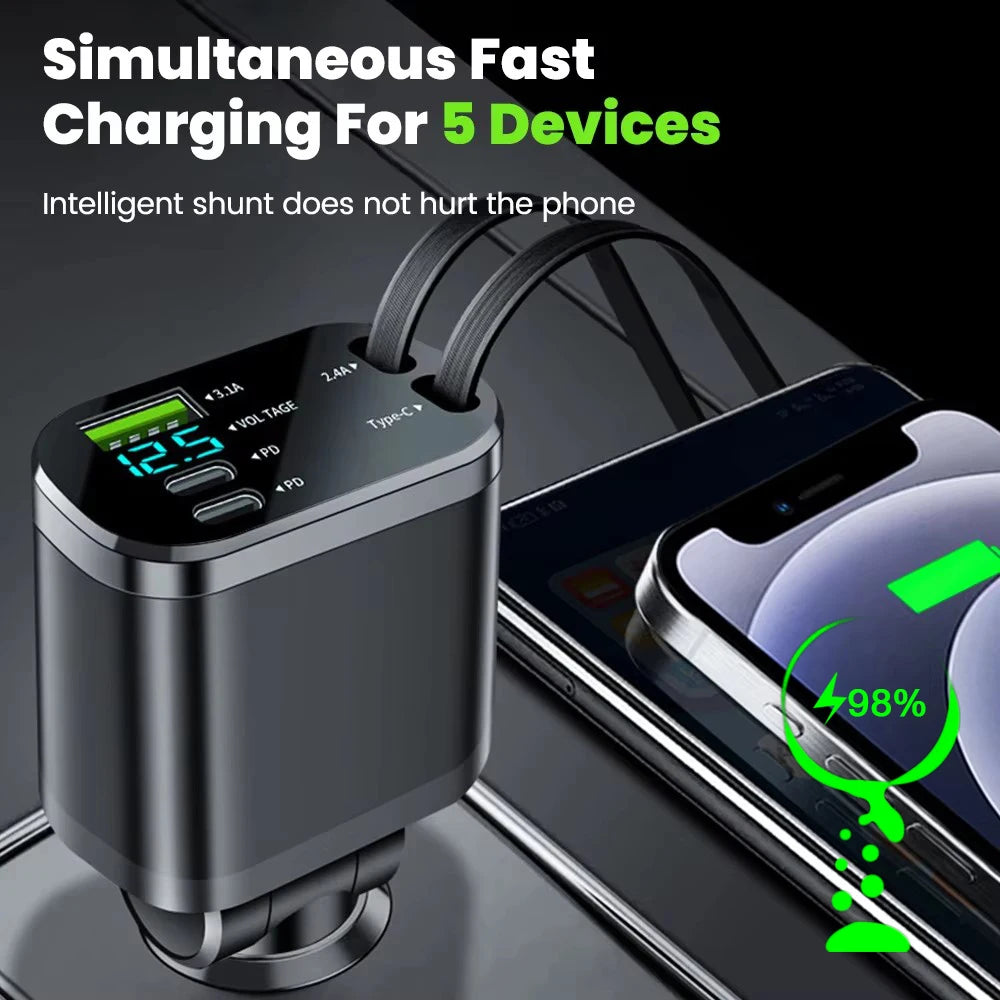 150W Car Charger Adapter 5 IN 1 Fast Charging USB Type C Car Charger with Retractable Type C Cords For iPhone Huawei Samsung