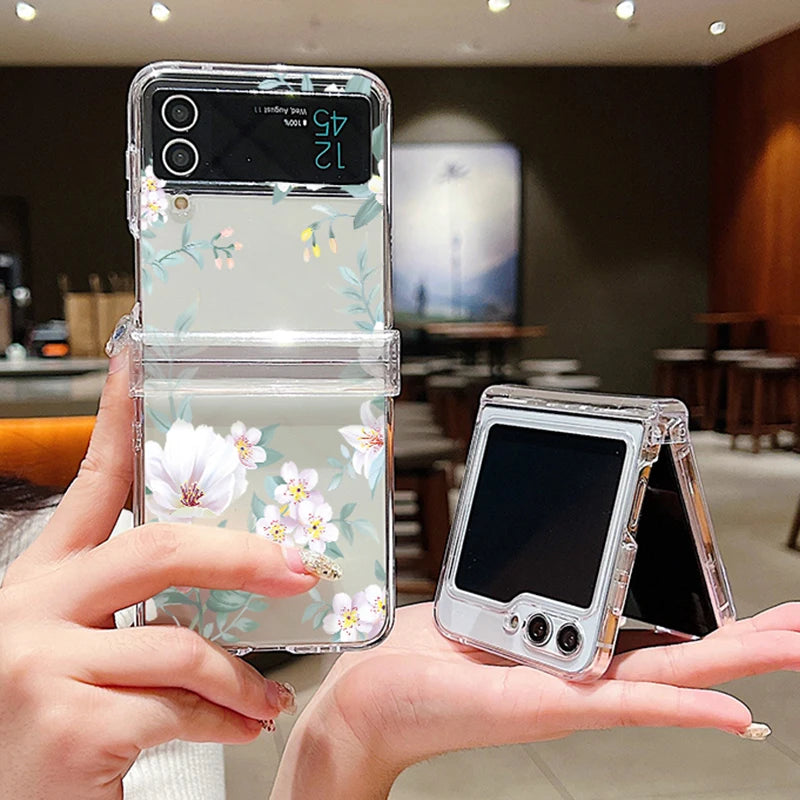 Flowers Pattern Clear Case For Samsung Galaxy Z Flip 8 7 FE 6 5 4 3 5G Folding Hard Phone Cover For Samsung Z Flip8 Flip6 Flip7